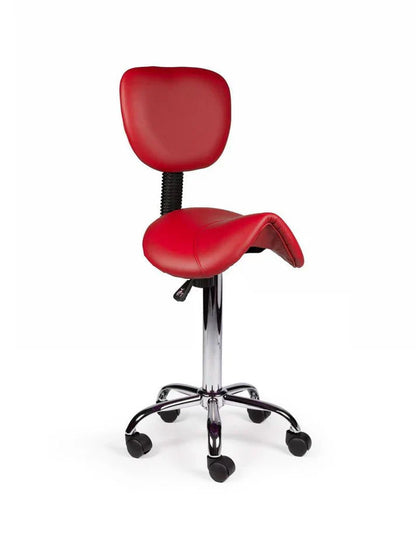 Ergonomischer Sattelhocker Rot mit Lehne auf Rollen