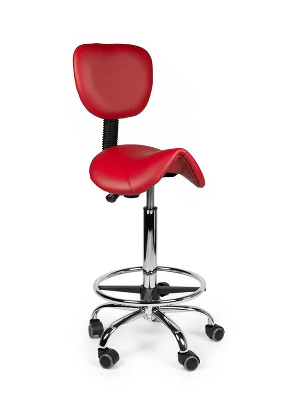 Ergonomischer Sattelhocker Rot mit Lehne auf Rollen